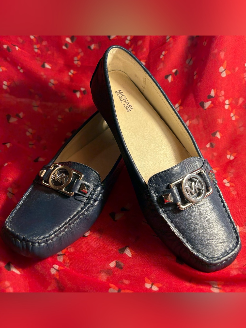 Michael Kors Navy Leather Moccasin Loafers w Signature Silver-tone Logo Hardware